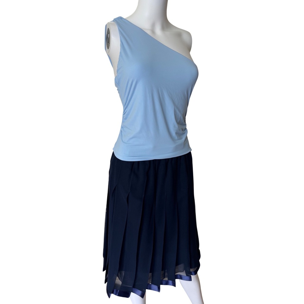 Navy Blue Pleated Midi Skirt Satin Trim Ribbon Hem Chiffon Layered Women Size S - Picture 2 of 6